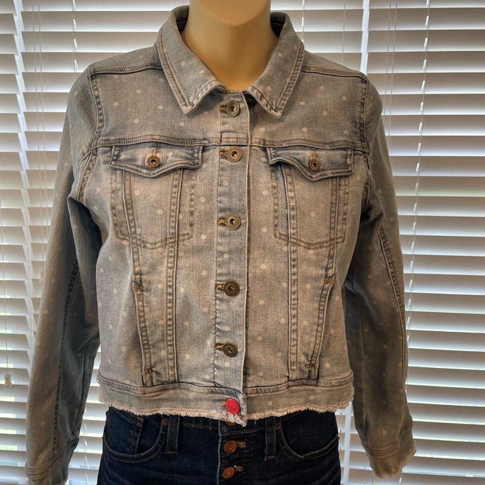 Mitilda Jane Girls size 16  blue‎ & white polka dot jean jacket.